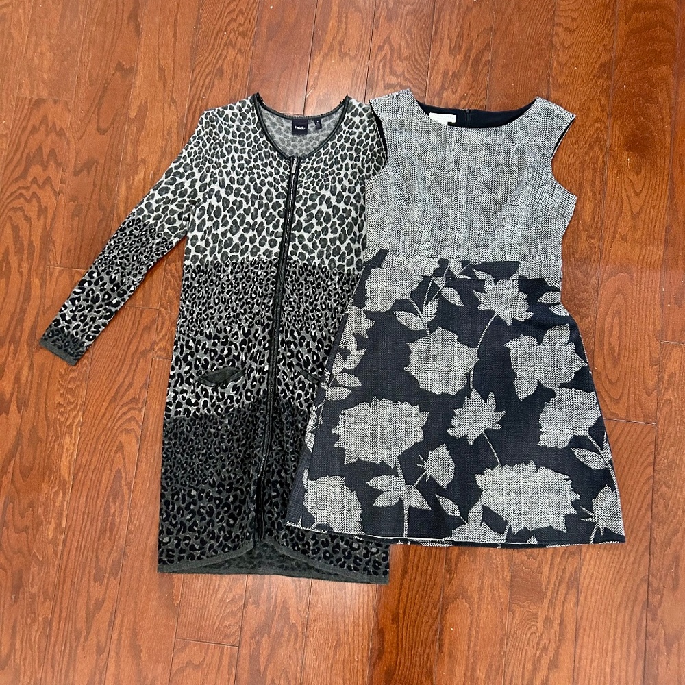 Lot of 2 sweater heavy fabric winter dresses black gray white zipper front dress